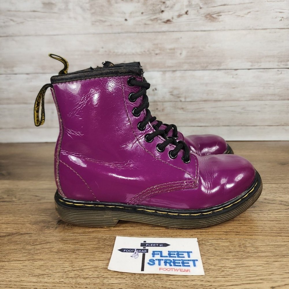 Dr.Martens Toddler Girls Delaney Purple Patent Combat Boots Lace Up Side Zip 11c